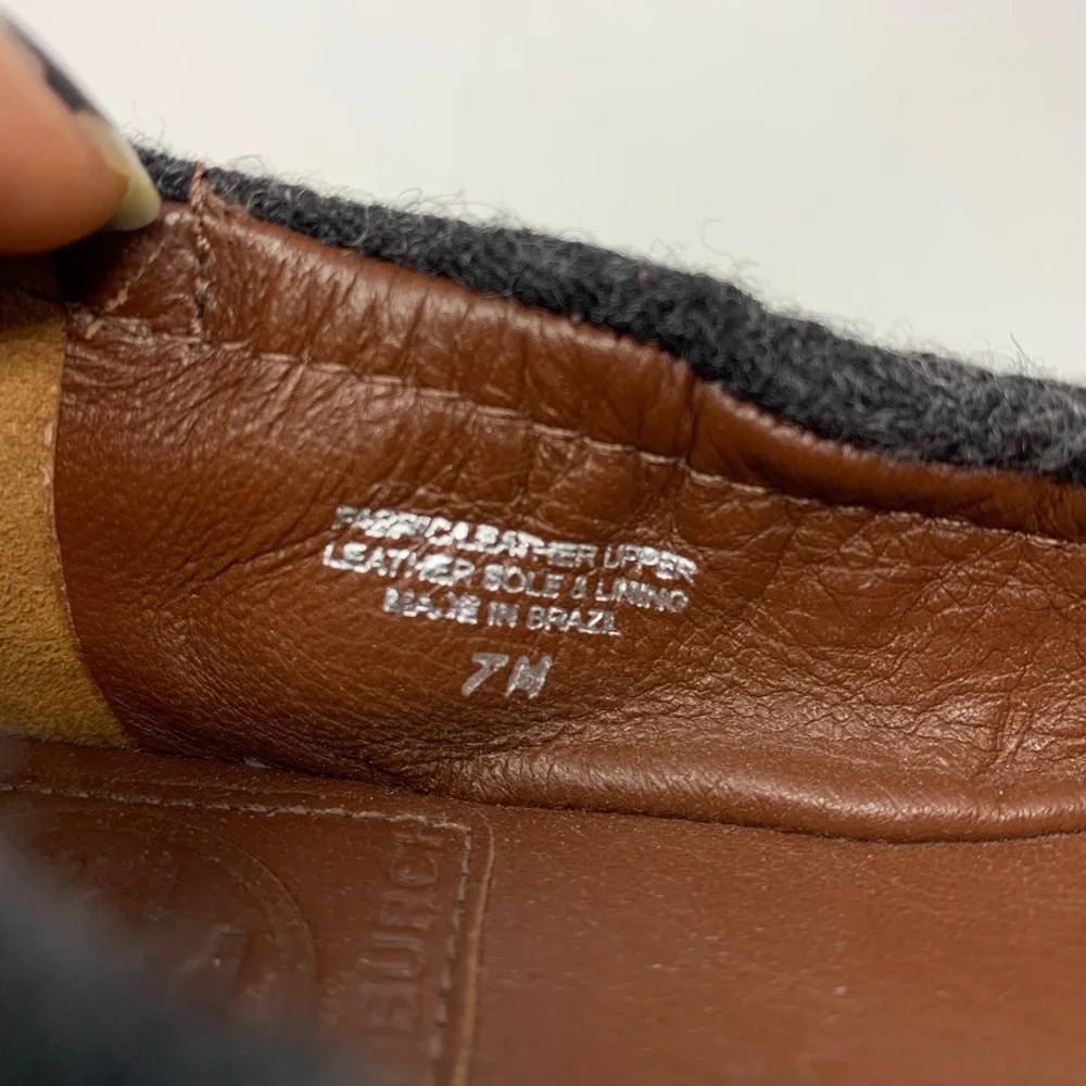 Tory Burch Brown Leather & Charcoal Wool Logo Ballet Flats